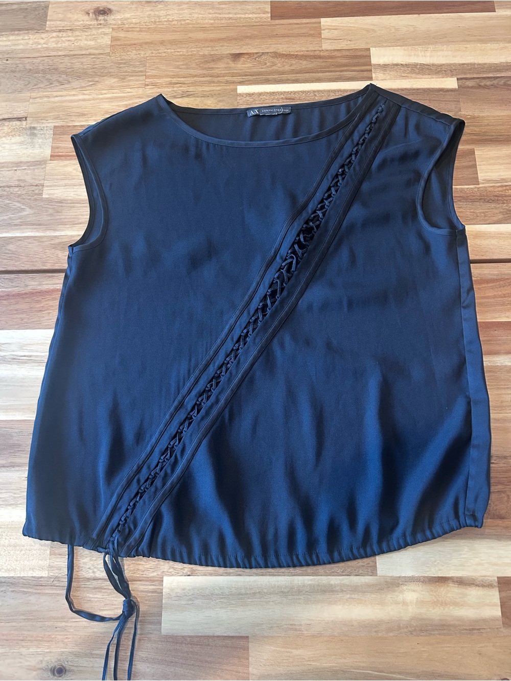 A/X Armani Exchange Black Satin Sleeveless Top Braided Detail Size M
